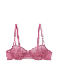 Soutien-gorge rose en dentelle avec bonnets à armatures, bretelles réglables et texture transparente, agrémenté de détails en dentelle élaborés sur toute la surface.