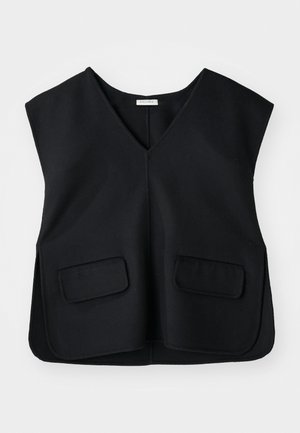 Gilet nero senza maniche con design a V, realizzato in un tessuto testurizzato. Presenta due tasche frontali e un orlo dritto.