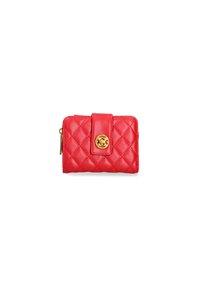 Portafoglio in pelle rossa trapuntata con una chiusura in metallo dorato e forma rettangolare. Presenta una superficie liscia e un design compatto.