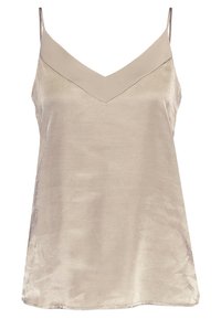 Saténová košilka v světle béžové barvě s výstřihem do V a tenkými ramínky, s hladkou texturou a minimalistickým designem.