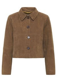 Brown suede cropped jacket with a collar, featuring three large buttons, two front pockets, and a smooth texture.