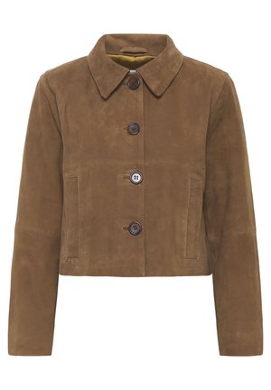 Veste courte en suede marron avec un col, ornée de trois grands boutons, de deux poches avant et d'une texture lisse.