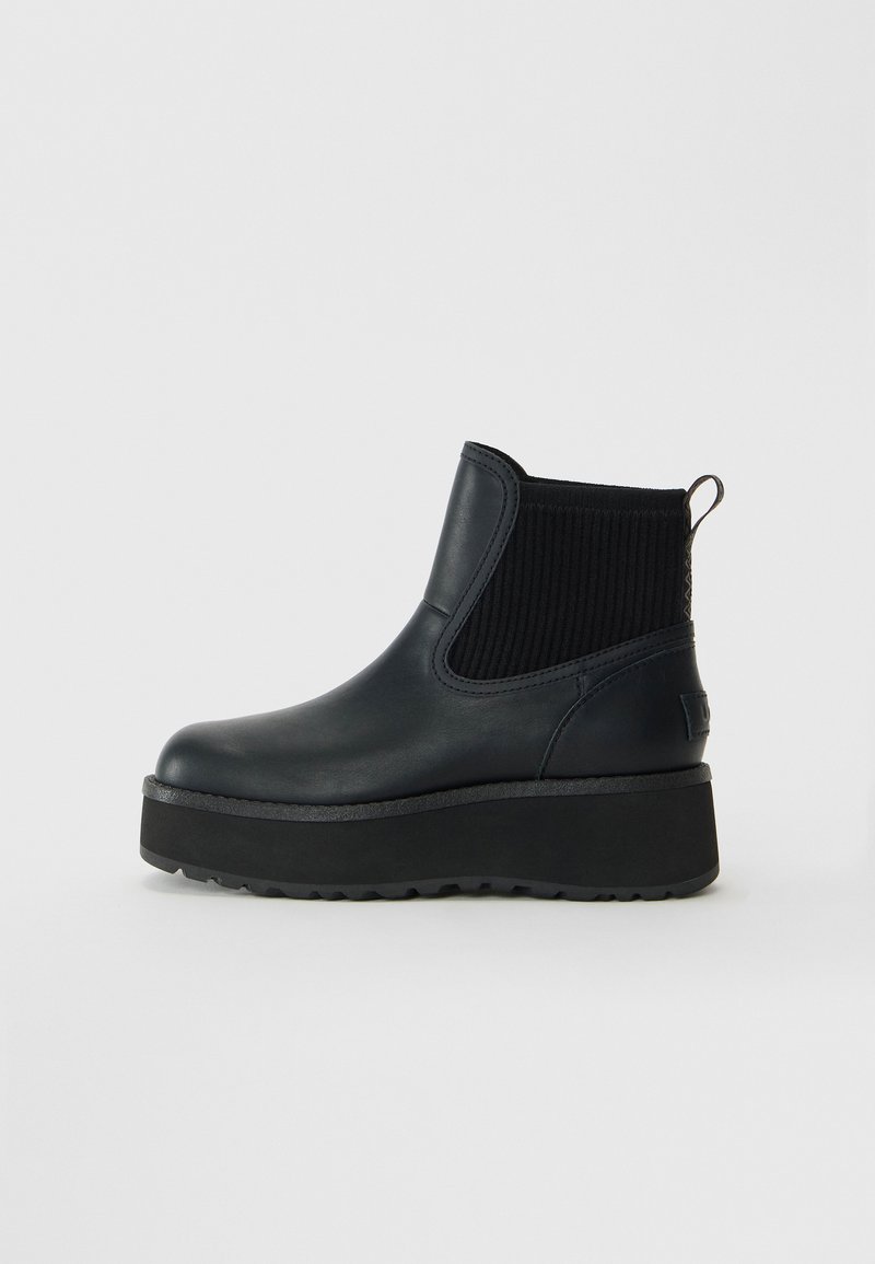 Black platform ankle boot with thick sole, smooth leather front, and ribbed knit fabric around the ankle with a pull tab at the back.