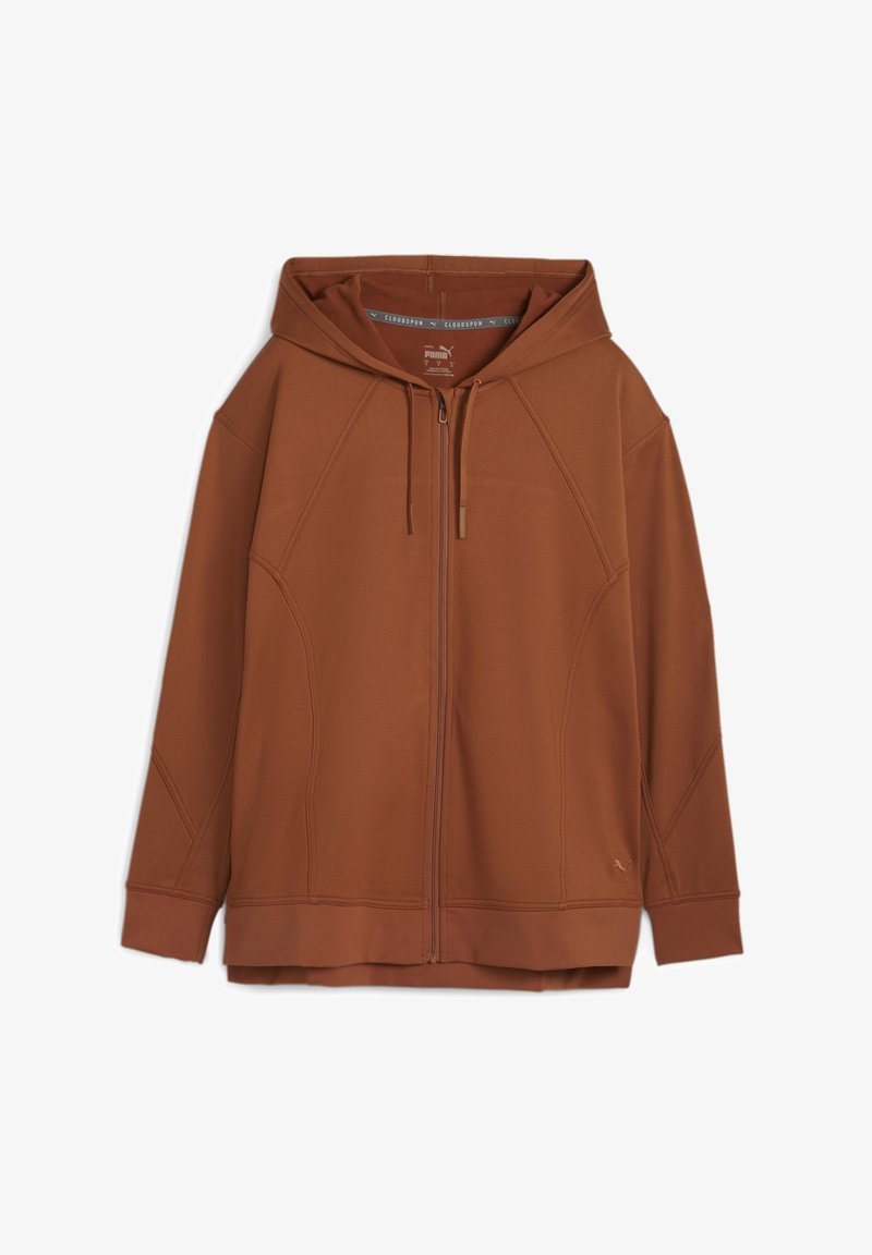 Pruun zip-up kapuutsiga sõbralikus lõikes pehme kangaga, millel on reguleeritav kapuuts ja küljetaskud. Tekstuuriga detailid õmbluste ääres.
