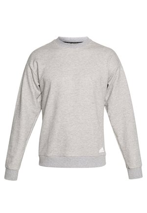 Sweat-shirt Adidas gris clair à col rond avec manches longues, poignets et ourlet côtelés, comportant un petit logo Adidas près du bas.