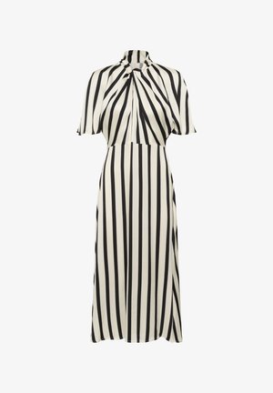 Klänning med svart- och vitt randigt mönster, hög hals, korta ärmar och en knytning vid kragen; flytande A-linjeformad siluett.