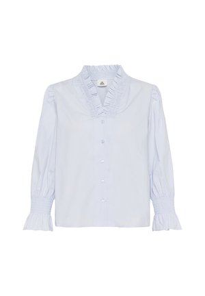 Helle blaue Bluse aus Baumwolle mit Rüschenausschnitt, durchgehender Knopfleiste und Puffärmeln mit gerafften Bündchen.
