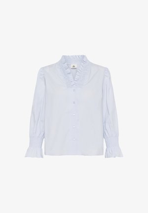 Helle blaue Bluse aus Baumwolle mit Rüschenausschnitt, durchgehender Knopfleiste und Puffärmeln mit gerafften Bündchen.
