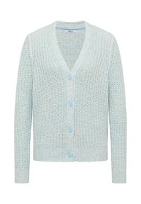 Ljusblå stickad cardigan med V-hals, långa ärmar och sex knapplås. Har ett texturerat tyg och ribbad nederkant.