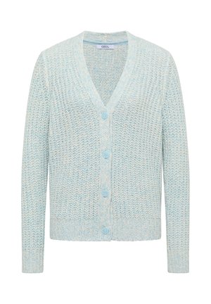 Cardigan lavorato a maglia di colore blu chiaro, con scollatura a V, maniche lunghe e sei bottoni di chiusura. Presenta un tessuto testurizzato e un orlo a coste.