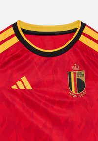 Röd fotbollströja med svarta och gula detaljer. Har Adidas-logotypen i gult och ett märke med en krona och lagerblad under.