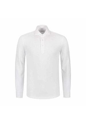 Wit poloshirt met lange mouwen van gladde stof. Voorzien van een klassieke kraag, een twee-knopen sluiting en een getailleerde pasvorm.