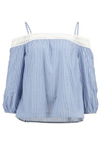 Blusa off-the-shoulder a strisce azzurre e bianche, con rifinitura in crochet lungo il collo, maniche a palloncino elasticizzate e vestibilità ampia.