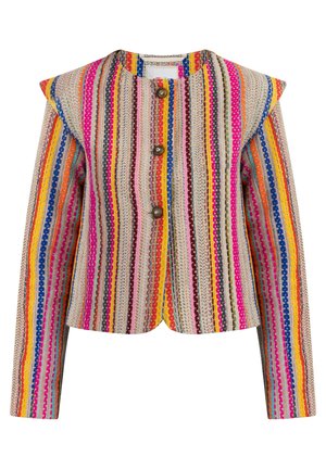 Többszínű csíkos dzseki kerek nyakkivágással, három gombos záródással és strukturált vállakkal. Texturált szőtt anyagból készült.