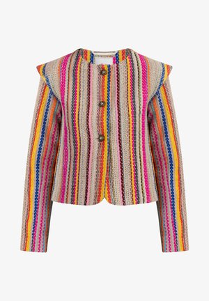Chaqueta a rayas multicolor con cuello redondo, cierre de tres botones y hombros estructurados. Fabricada en tejido texturizado.