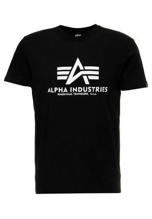 Black cotton t-shirt featuring a central white logo with stylized "A" and three horizontal stripes. Round neckline and short sleeves.