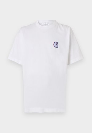 Maglietta bianca in cotone con maniche corte, scollo rotondo e un piccolo logo "C" blu ricamato sul lato sinistro del petto.