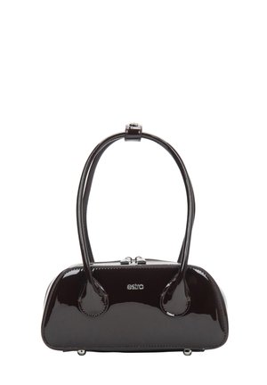 Sjajna crna torba od lakirane kože s dvostrukim ručkama, srebrnim patent zatvaračem i malim logotipom "estro" sprijeda.