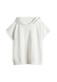 Felpa corta bianca con maniche a sbuffo e tessuto testurizzato, cappuccio ampio e vestibilità rilassata. Presenta maniche raglan e orlo dritto.