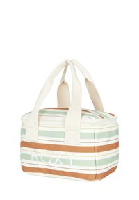 Pruhovaná taška na rameno vyrobená z plátna, s zelenými, smotanovými a hnedými pruhmi, so zipsovým uzáverom a dvojitými textilnými uchami. Vyšité logo "ROXY".