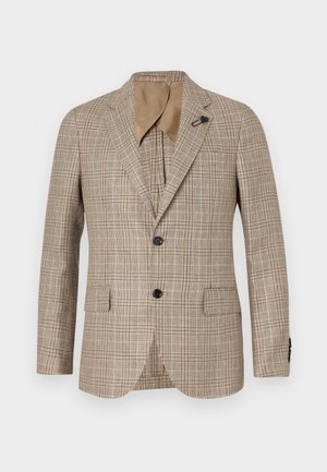 Bruine geruite blazer met een getailleerde pasvorm, met notch-revers, twee voorzakken en een enkele knoopsluiting. Zachte textuur met een subtiele glans.