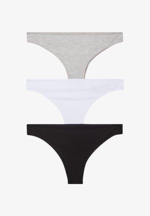 Tre paia di infradito: uno grigio heather, uno bianco e uno nero. Ognuno ha una texture liscia con fasce elastiche in vita e un design minimal.