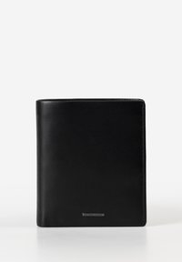 Black leather wallet with a smooth texture, rectangular shape, subtle stitching, and a silver logo plate at the bottom.