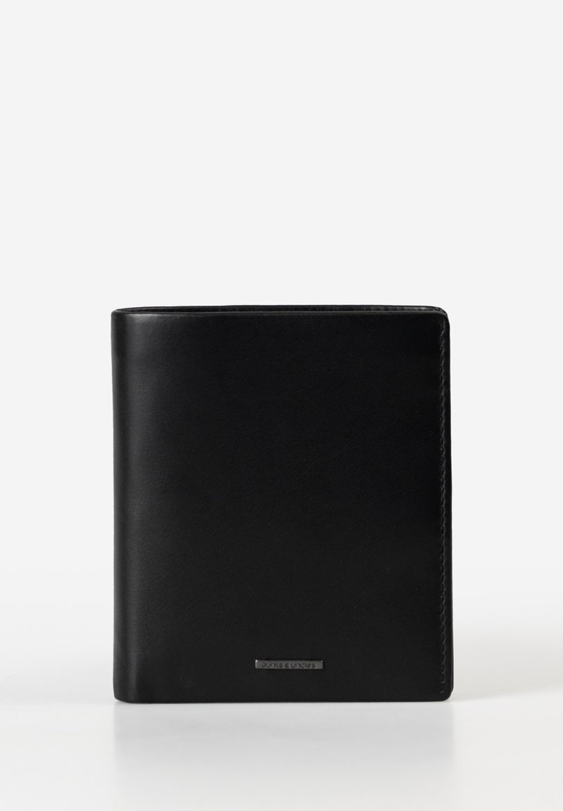 Black leather wallet with a smooth texture, rectangular shape, subtle stitching, and a silver logo plate at the bottom.