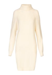 Crèmekleurige gebreide coltrui jurk met lange mouwen, geribbelde textuur en een relaxed fit, eindigend halverwege de dijen.
