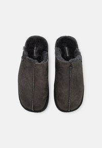 Gray suede slippers with a soft, fuzzy interior, featuring a stitched seam, round toe, and open back design. Non-slip black sole.