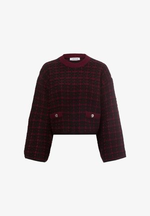 Gekürzter Pullover mit einem strukturierten Strickmuster in Dunkelrot und Schwarz, mit weiten Ärmeln und zwei vorderen Taschen mit silbernen Knöpfen.