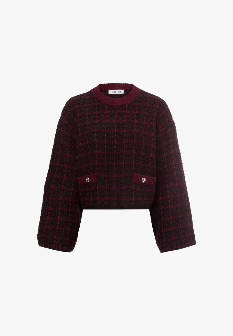 Gekürzter Pullover mit einem strukturierten Strickmuster in Dunkelrot und Schwarz, mit weiten Ärmeln und zwei vorderen Taschen mit silbernen Knöpfen.