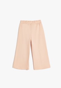Perzikkleurige, hoog-gewaste, wijde broek met een elastische tailleband, gemaakt van een zacht stof voor comfort. Glad oppervlak en een minimalistisch ontwerp.