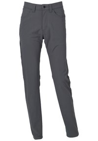 Dunkelgraue, schmal geschnittene Hose mit vorderen Taschen, Gürtelschlaufen und einer Knopfverschluß.