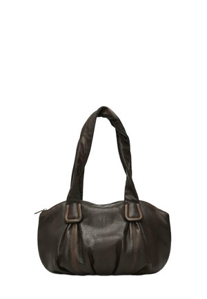 Sac à main en cuir marron foncé avec deux bretelles rembourrées et une fermeture éclair sur le dessus.