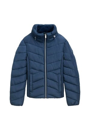 Veste matelassée bleu marine avec un col haut, fermeture éclair à l'avant et motif de quilting diagonal. Doublure intérieure douce incluse.