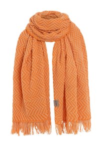 Oranje sjaal met een visgraatpatroon, voorzien van franjes en een zachte textuur. Gemaakt van geweven stof, met een levendige kleur.