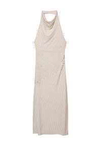 Halterneck-Kleid mit strukturiertem Stoff und einem drapierten Cowl-Ausschnitt. Gestreiftes Muster in Beige und Braun, asymmetrischer Saum.