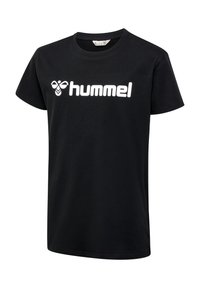 Tricou negru din bumbac cu decolteu rotund, mâneci scurte și un logo alb "hummel" imprimat pe partea din față.