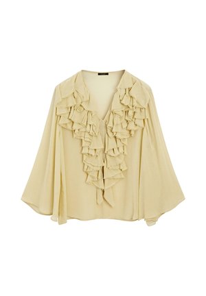 Beige blouse met een diepe V-hals, gekenmerkt door verticale rimpels aan de voorkant. De stof lijkt zacht en lichtgewicht met een vloeiende uitstraling.
