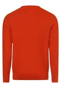 Pull en maille orange à manches longues avec tissu texturé, col rond et poignets et ourlet côtelés, vu de dos.