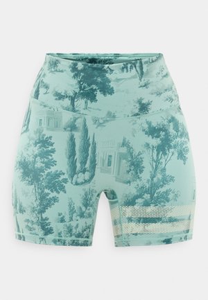 Svetlomodré-tyrkysové športové šortky s vysokým pásom, s potlačou scenérie s stromom a budovou a reflexnými pruhmi z priedušného sieťovaného materiálu pri leme na jednom nohavici.