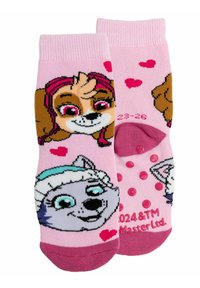 Calzini per bambini rosa con design di cani cartoon circondati da cuori. Realizzati in materiale lavorato a maglia con parte inferiore testurizzata antiscivolo.
