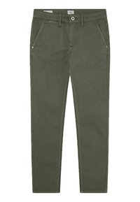 Olivově zelené chinos nohavice se slim fit střihem, vyrobené z bavlněné směsi, s předními kapsami, zipem a jediným knoflíkem na zapínání.