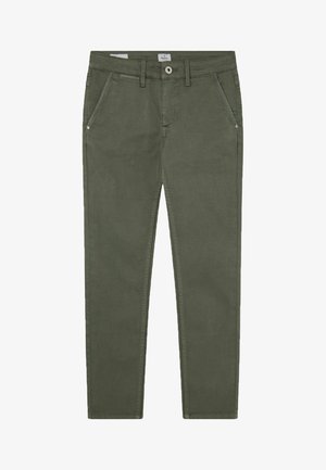 Olivově zelené chinos nohavice se slim fit střihem, vyrobené z bavlněné směsi, s předními kapsami, zipem a jediným knoflíkem na zapínání.