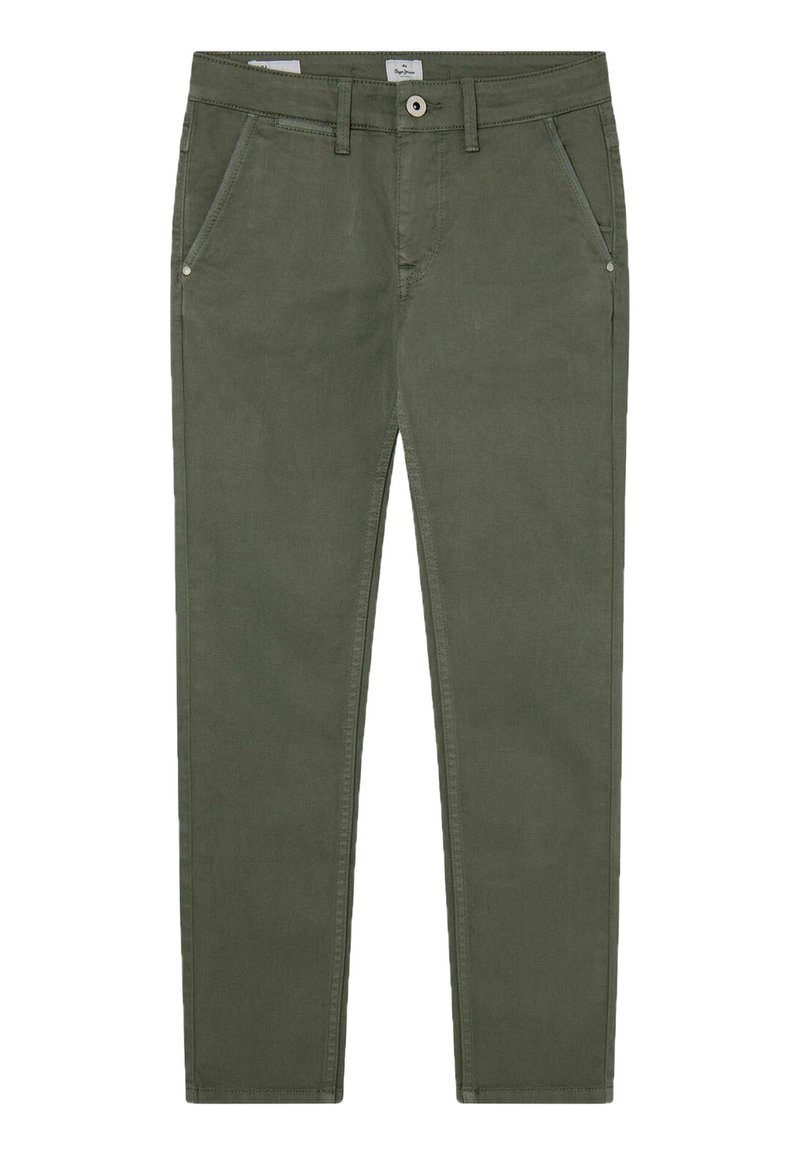 Olivově zelené chinos nohavice se slim fit střihem, vyrobené z bavlněné směsi, s předními kapsami, zipem a jediným knoflíkem na zapínání.
