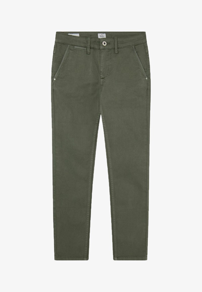 Olivově zelené chinos nohavice se slim fit střihem, vyrobené z bavlněné směsi, s předními kapsami, zipem a jediným knoflíkem na zapínání.