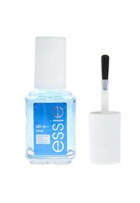 Bouteille en verre transparent du produit ongulaire "Tout-en-Un" d'Essie, avec un capuchon blanc et un applicateur brosse, étiquetée avec du texte et un logo bleus.