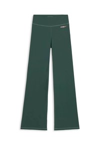 Pantaloni a gamba ampia verdi realizzati in un morbido tessuto elasticizzato. Presentano una vita alta e leggere cuciture decorative, con un piccolo logo sul davanti.
