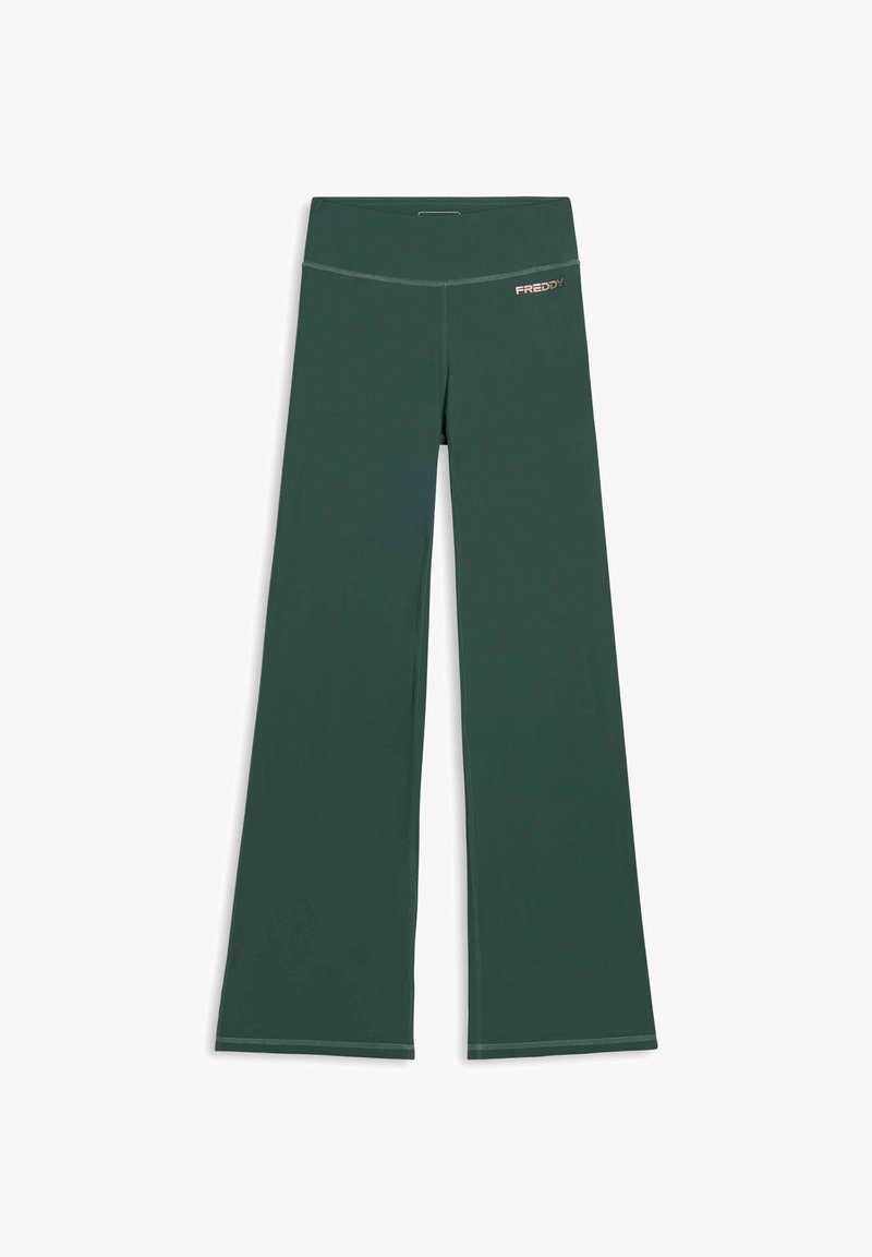 Pantaloni a gamba ampia verdi realizzati in un morbido tessuto elasticizzato. Presentano una vita alta e leggere cuciture decorative, con un piccolo logo sul davanti.